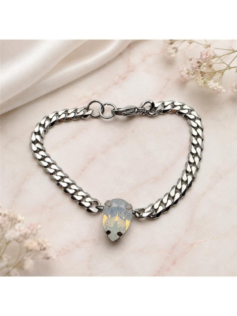 White Opal Crystal Teardrop Silver Tone Curb Chain Bracelet 6.5 in Chunky